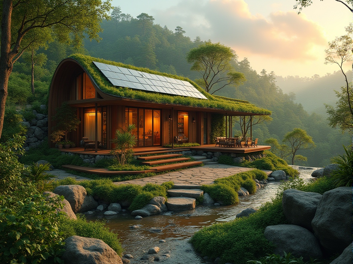 Prompt: Organic architecture, eco-friendly building, sustainable practices, modern villa, green roof, solar panels, recycled materials, natural stone walls, wooden accents, large windows, minimal carbon footprint, lush greenery surroundings, serene forest background, warm sunset lighting, 3/4 composition, soft focus, cinematic ambiance.