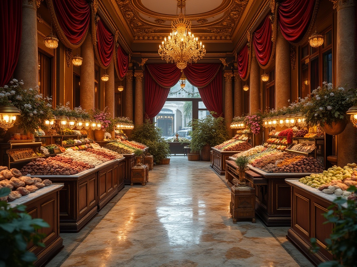 Prompt: Market stall, Baroque style, ornate golden decorations, intricate carvings, luxurious fabrics, lavish drapes, heavy velvet curtains, ornamental flowers, grand chandelier, marble-like countertops, rustic wooden crates, vintage market signs, warm soft lighting, shallow depth of field, cinematic composition, 45-degree angle, highly detailed textures, realistic reflections.