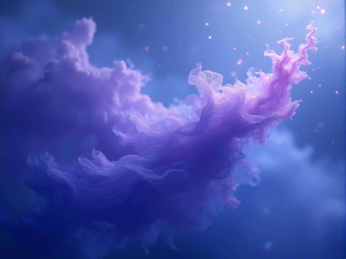 Prompt: Fantasy, dreamy, mystic atmosphere, blue violet hues, gradation of colors, ombre effect, shimmering fabric, silky smooth texture, flowing drapery, wispy tendrils, ethereal aura, sparkling highlights, soft focus, cinematic lighting, 3/4 composition, low angle shot, dramatic clouds, misty background, mysterious ambiance.