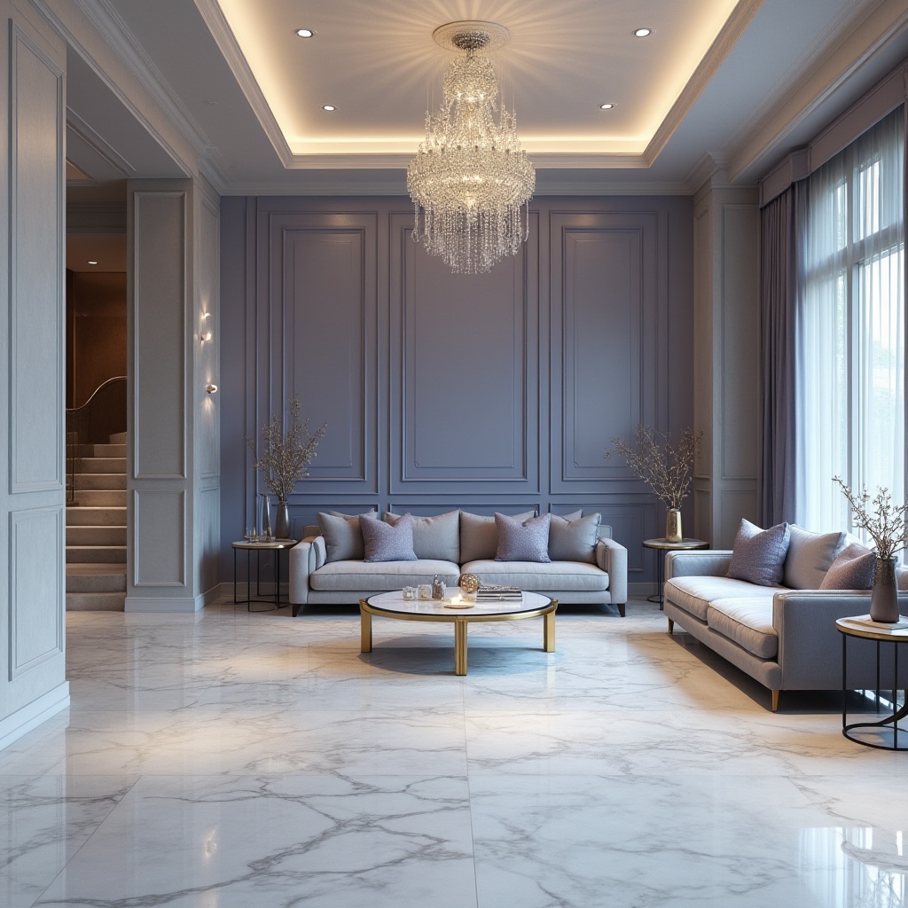 Prompt: Luxury hotel lobby, periwinkle accent wall, marble floors, crystal chandelier, velvet sofa, golden legs, periwinkle throw pillows, softbox lighting, high ceiling, grand staircase, modern minimalist decor, daytime, soft focus, shallow depth of field, elegant atmosphere, cinematic composition.