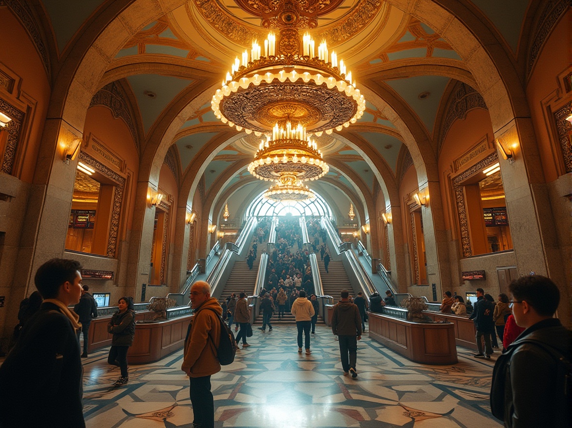 Prompt: Art Deco style, metro station interior, grand staircase, ornate metal railing, geometric patterned floor tiles, lavish chandelier, intricate ceiling design, curved lines, luxurious atmosphere, busy commuters, rushing to trains, modern city life, urban scenery, warm lighting, vibrant colors, metallic materials, marble walls, ornate clock, vintage advertisements, nostalgic ambiance, low-angle shot, wide-angle lens, shallow depth of field.