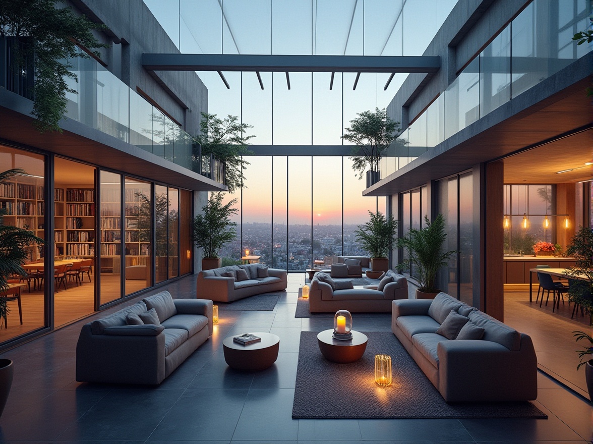 Prompt: Modern student halls, incorporating glass materials, futuristic architecture, sleek lines, transparent roof, glass walls, steel frames, minimalist interior design, communal lounge area, sofas, coffee tables, potted plants, soft lighting, panoramic view of the city, urban landscape, evening scene, warm colors, cozy atmosphere.