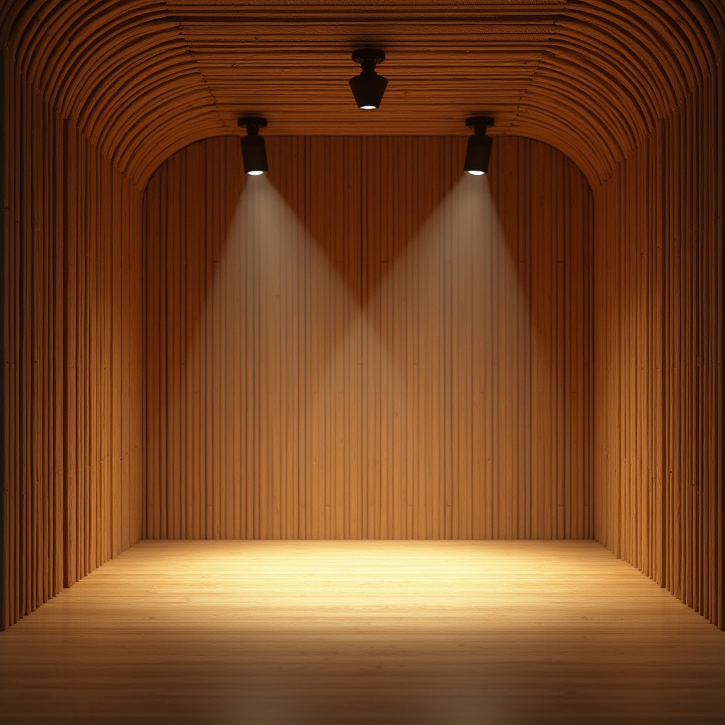 Prompt: Bamboo interior design, modern performing arts center, Asian-inspired architecture, curved lines, natural materials, sustainable, eco-friendly, minimalistic decor, spotlights shining down, wooden stage, bamboo flooring, woven bamboo panels, acoustic walls, soundproofing, soft warm lighting, intimate setting, 3/4 composition, cinematic angle, shallow depth of field.