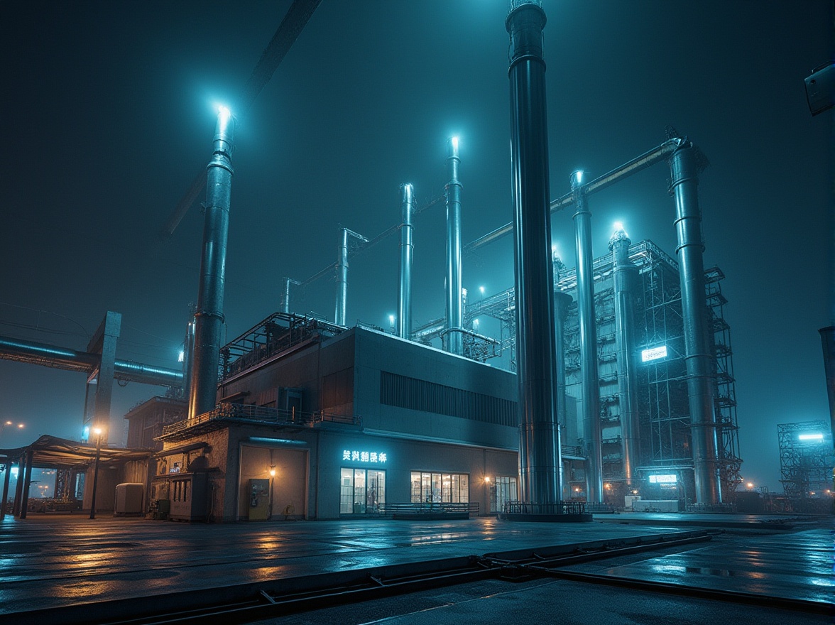 Prompt: Modern energy plant, structuralism style, futuristic, metallic materials, silver pipes, industrial machinery, generators, transformers, sleek lines, angular shapes, minimalist design, urban cityscape, nighttime, dramatic lighting, misty atmosphere, 3/4 composition, low-angle shot, cinematic mood, high-contrast colors, neon signs, LED lights, steel beams, glass windows, reflective surfaces.