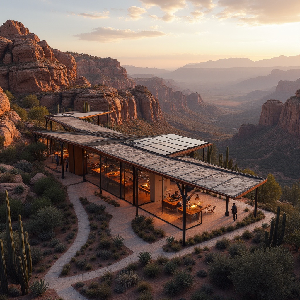 Prompt: Integrating pavilion designs, modern architecture, glass roofs, steel frames, wooden accents, into canyon landscapes, Arizona desert, rocky cliffs, vast skies, warm sunset light, dramatic shadows, cacti scattered, winding hiking trails, serene atmosphere, 3/4 composition, aerial view, soft focus on background.