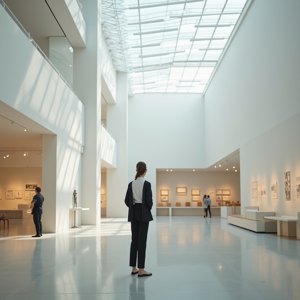 Prompt: Modern museum interior, minimalism style, empty space, white walls, polished concrete floor, natural light pouring in from large glass ceiling, few exhibits on display, simple wooden shelves, subtle LED lighting, calm atmosphere, quiet tone, solitary figure in distance, contemplative posture, hands behind back, black trousers, white shirt, blazer draped over shoulder, elegant hairstyle, subtle makeup, soft focus, shallow depth of field, cinematic composition, morning light, subtle shadows.