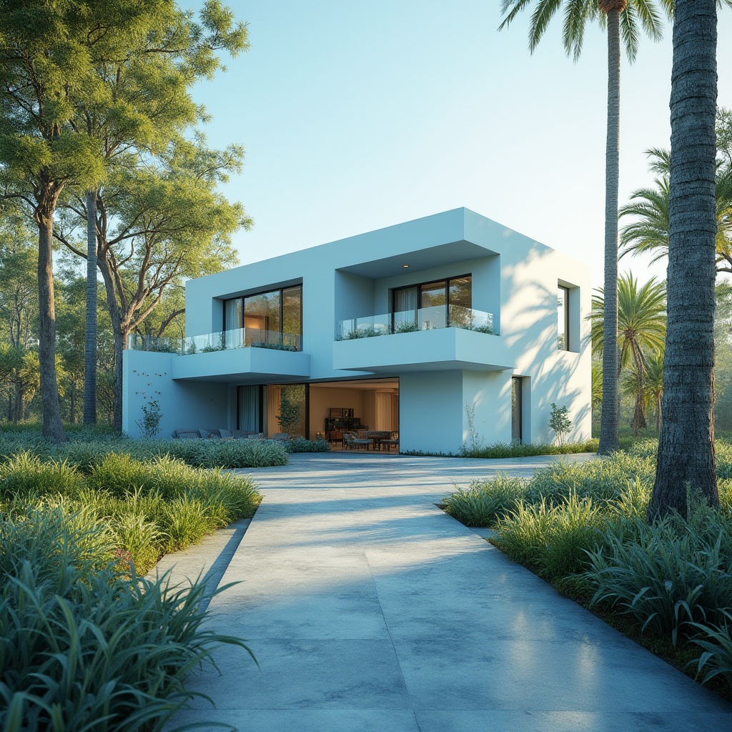 Prompt: Powder blue building, luxurious villa, modern minimalist style, sleek lines, smooth curves, subtle gradient effect, soft reflective surface, calming ambiance, surrounded by lush greenery, tall trees, vibrant flowers, serene atmosphere, afternoon sunlight casting gentle shadows, warm softbox lighting, 3/4 composition, low-angle shot, cinematic feel.