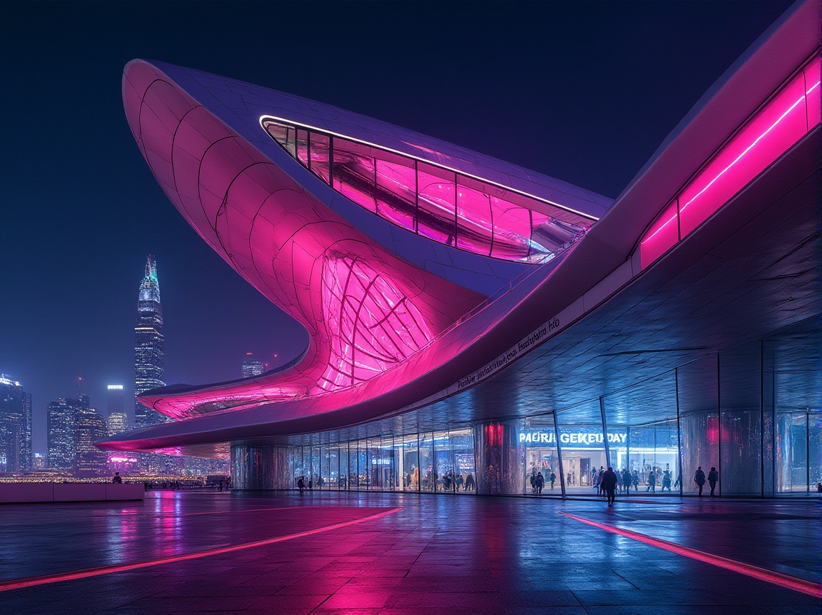 Prompt: Futuristic building, vibrant fuchsia accents, modern architecture, sleek lines, metallic materials, glass facades, neon lights, urban cityscape, night scene, dramatic shadows, 3/4 composition, low-angle shot, cinematic lighting, HDR, bold color contrast, geometric patterns, abstract shapes, avant-garde style, innovative design, luxurious atmosphere, metropolitan feel.