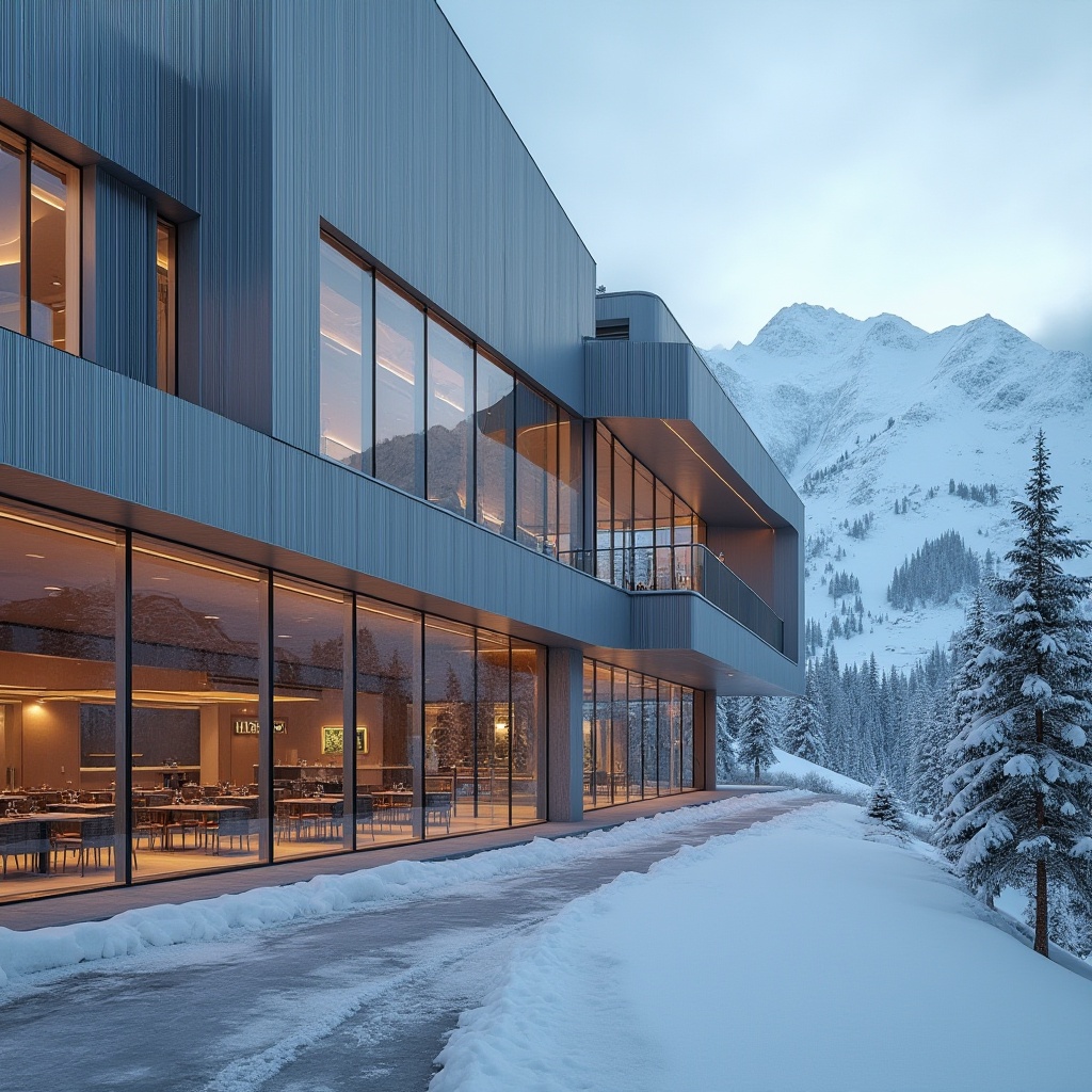 Prompt: Modern ski center, futuristic architecture, corrugated metal façade, silver metallic color, angular lines, geometric shapes, large glass windows, snow-capped mountains, frosty air, misty atmosphere, warm indoor lighting, wooden accents, minimalist interior design, sleek chairs, metal beams, industrial chic, dynamic composition, low-angle shot, dramatic shadows, high-contrast lighting.