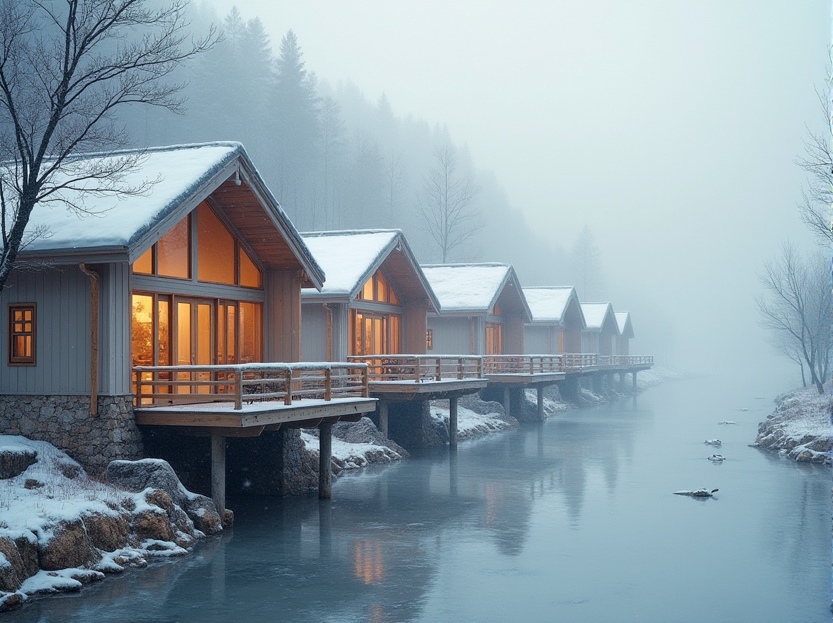 Prompt: Winter riverbank housing, snow-covered roofs, frosty morning atmosphere, serene landscape, gentle slope, natural stone foundation, wooden decks, frozen river, bare trees, misty fog, warm interior lighting, cozy cabin-style architecture, earth-toned color palette, beige, cream, light grey, pale blue, frosted glass windows, wooden shutters, snowflakes gently falling, soft focus, shallow depth of field, peaceful ambiance.