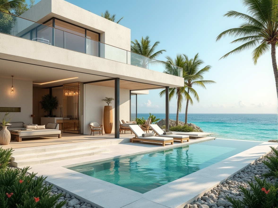 Prompt: Modern minimalist villa, beachside, sunny afternoon, gentle sea breeze, palm trees swaying, tropical flowers blooming, private pool overlooking turquoise ocean, sleek lounge chairs, geometric patterns, white stucco walls, large glass windows, minimalist decor, abstract sculptures, statement lighting fixtures, ocean-inspired color palette, driftwood accents, natural textiles, panoramic view, 3/4 composition, warm softbox lighting.