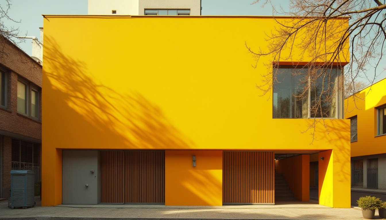 Prompt: Bright yellow ochre building facade, modern architecture, urban cityscape, sunny day, dramatic shadows, warm atmosphere, angular lines, geometric shapes, glass windows, steel beams, minimal decor, sleek design, trendy vibe, shallow depth of field, vibrant color contrast, soft focus background, natural light, afternoon ambiance.