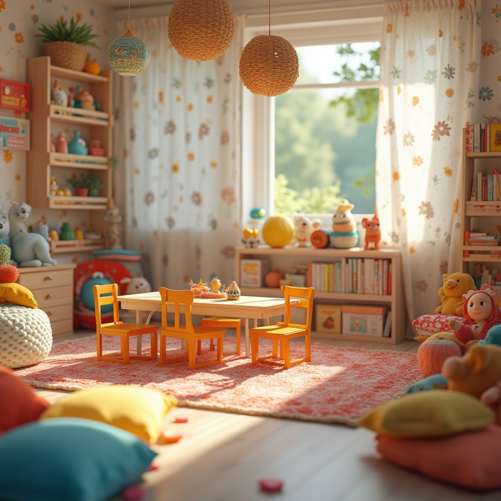 Prompt: Colorful kindergarten, playful atmosphere, various fabrics, cotton texture, soft cushions, vibrant pillows, woven baskets, wooden tables, tiny chairs, educational toys, blocks, dolls, stuffed animals, flower-patterned curtains, polka-dot carpets, natural light, warm color palette, 3/4 composition, shallow depth of field, inviting ambiance.