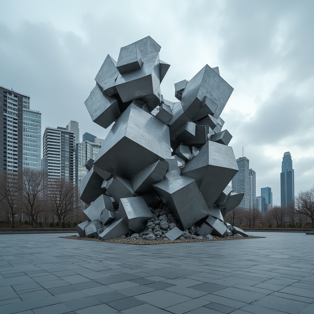 Prompt: Deconstructivist monument, irregular shapes, fragmented structures, abstract forms, stainless steel, reflective surfaces, distorted proportions, unconventional angles, chaotic composition, urban setting, city square, gray concrete pavement, modern skyscrapers, cloudy sky, dramatic lighting, low-angle shot, cinematic mood, complex textures, futuristic atmosphere.