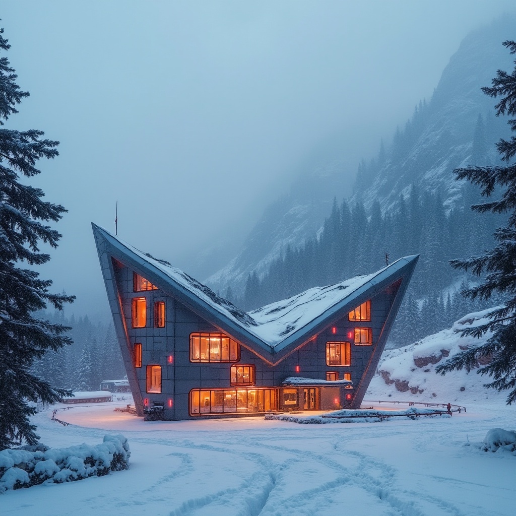 Prompt: Futuristic ski center, Expressionism style, angular building structure, asymmetrical roof, abstract shapes, irregular windows, metallic materials, neon lights, vibrant colors, snowy mountain background, pine trees, foggy atmosphere, misty ambient lighting, dramatic composition, low-angle shot, 3/4 view, dynamic architecture, avant-garde design.