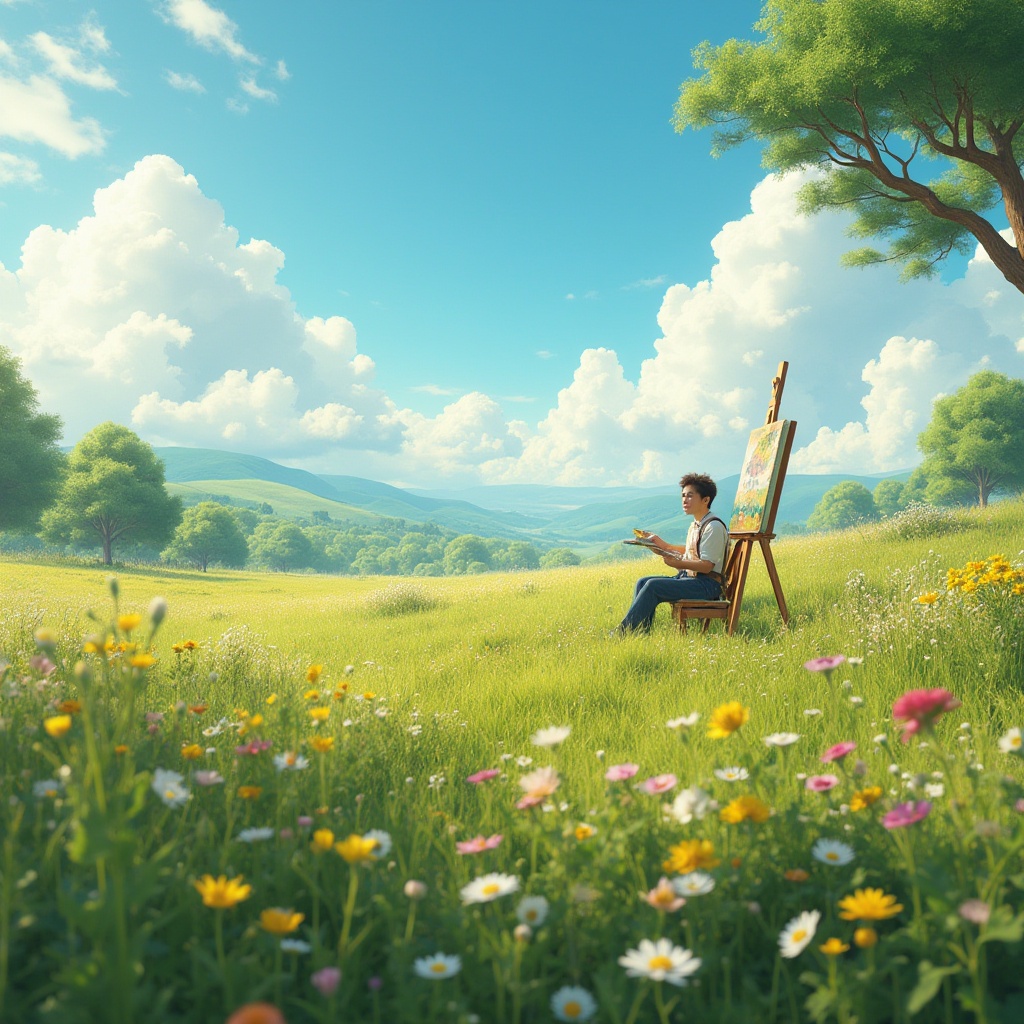 Prompt: Grassland, natural canvas, rolling hills, sunny day, fluffy white clouds, gentle breeze, wildflowers blooming, colorful, vibrant, soft petals, delicate stems, a few trees scattered, leafy branches swaying, wooden easel, painter sitting, focused expression, holding brush, palette in hand, artistic apron, surrounded by art supplies, natural light, warm shadows, 3/4 composition, shallow depth of field, realistic, peaceful atmosphere.