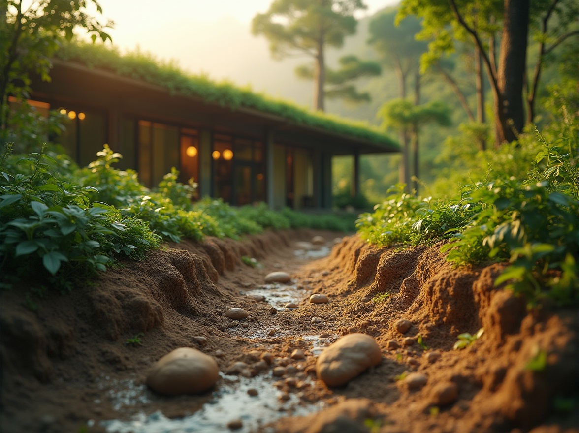 Prompt: Natural, earthy tone, muddy texture, organic material, sustainable design, eco-friendly architecture, modern villa, green roof, lush vegetation, serene atmosphere, warm lighting, 3/4 composition, close-up shot, shallow depth of field, natural color palette, earthy scent.