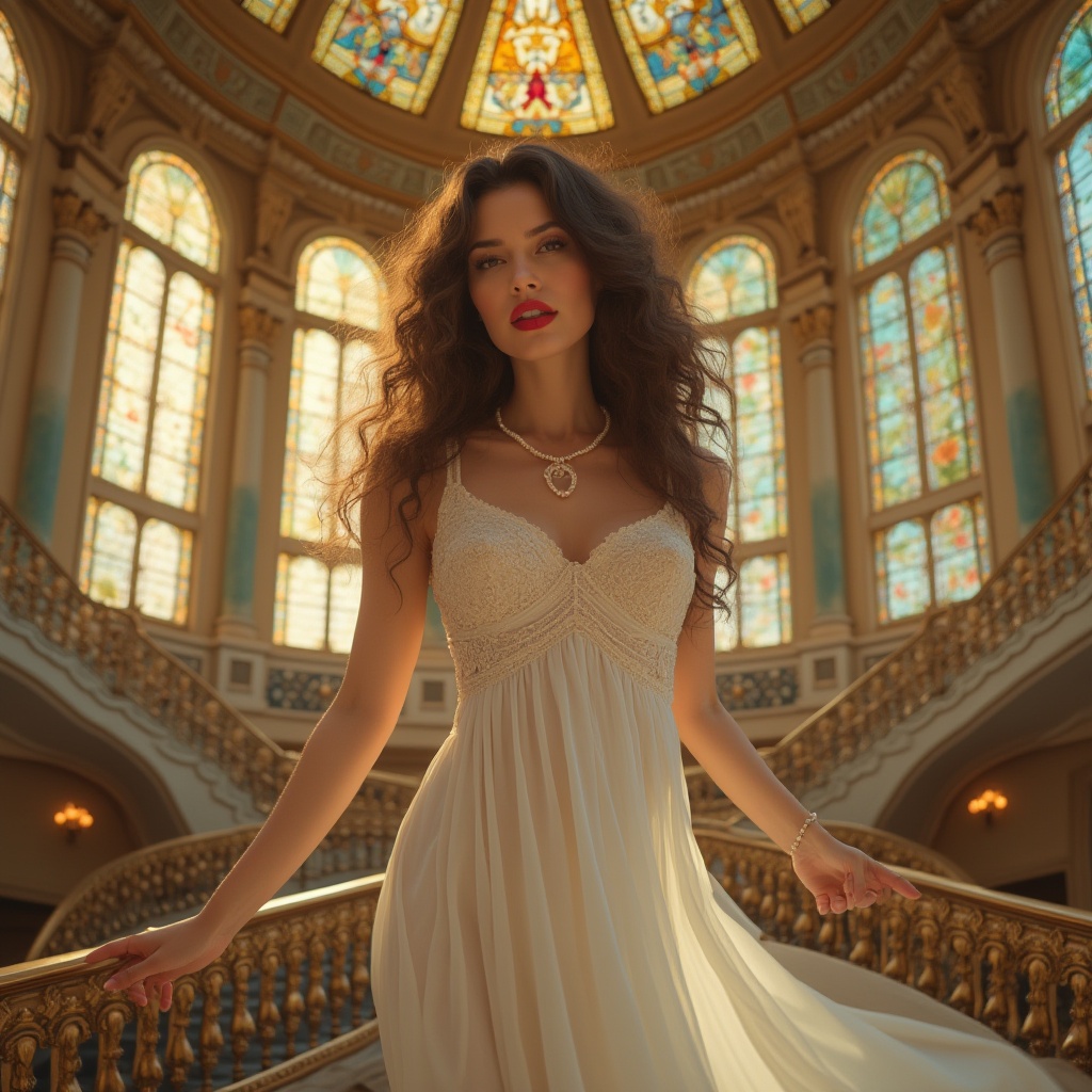 Prompt: Art Nouveau style, elegant woman, solo, (25yo), curly brown hair, soft makeup, red lipstick, pearl necklace, flowing white dress, intricate patterns, ornate decorations, stained glass windows, grand staircase, luxurious chandelier, Visual Arts Center, modern architecture, cityscape, afternoon sunlight, warm ambient lighting, 3/4 composition, low-angle shot, soft focus, vibrant colors, ornate frames, gold accents.