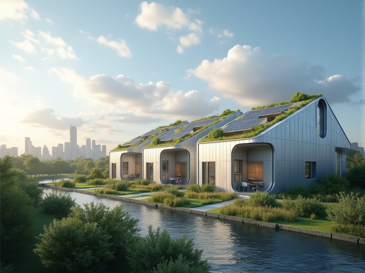 Prompt: Modern social housing, innovative aluminum material, sleek lines, metallic texture, silver color, minimalist architecture, clean design, green roof, solar panels, urban landscape, city skyline, blue sky, white clouds, afternoon sun, warm ambient light, shallow depth of field, 3/4 composition, panoramic view.