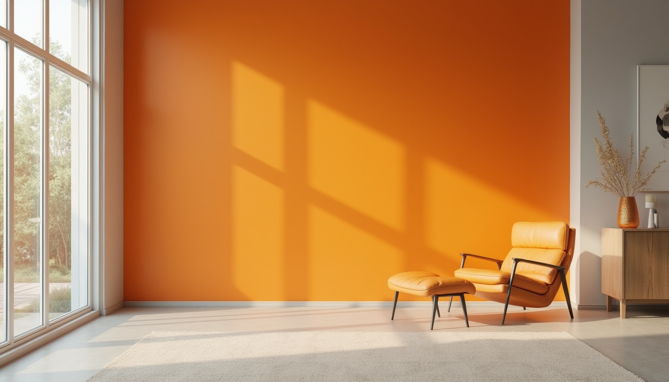 Prompt: Vibrant tangerine accent, minimalist background, simple modern chair, sleek metal legs, low-profile cushions, subtle texture, monotone walls, large windows, natural light, blurred outdoor view, empty space, few decorative items, geometric shapes, abstract artwork, warm atmosphere, soft focus, shallow depth of field.