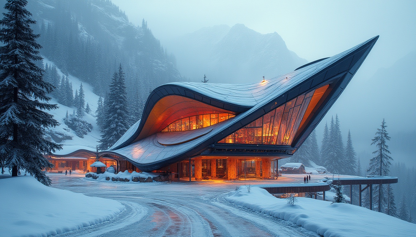 Prompt: Expressionism style, futuristic ski center architecture, steeply pitched roof, irregular shape, vibrant color scheme, abstract patterns, distorted proportions, dynamic lighting, dramatic shadows, bold angles, avant-garde design, snowy mountain background, pine trees, frozen lake, misty atmosphere, warm interior lighting, wooden accents, metallic details, intricate structures, close-up composition, low-angle shot, cinematic mood, high-contrast HDR.