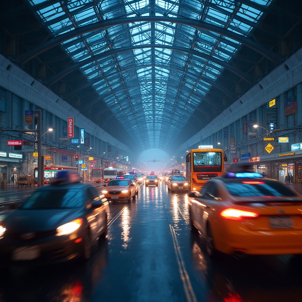 Prompt: Modern transportation hub, bustling city center, large glass dome, steel beams, busy roads, taxis, buses, trains, airplanes, blurred motion, vibrant neon lights, nighttime, rainy, misty atmosphere, wet pavement, reflections, puddles, cityscape, skyscrapers, metropolitan feel, dynamic composition, low-angle shot, fast shutter speed.