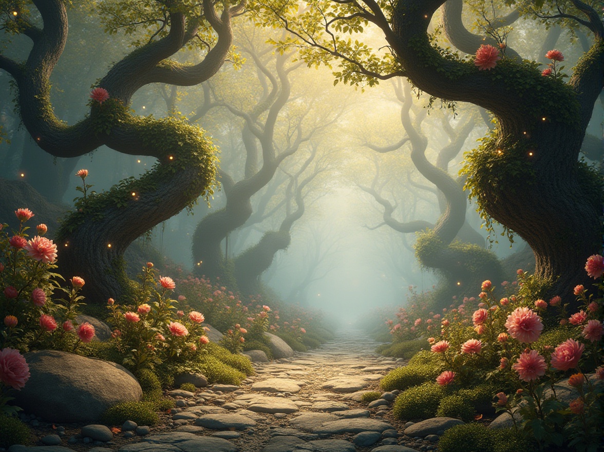 Prompt: Organic shapes, nature-inspired, earthy tones, wavy lines, fluid forms, blooming flowers, twisting vines, moss-covered stones, misty atmosphere, soft diffused light, warm color palette, intricate textures, delicate patterns, whimsical composition, dreamy ambiance, fantasy world, mystical forest, ancient trees, twinkling fireflies.