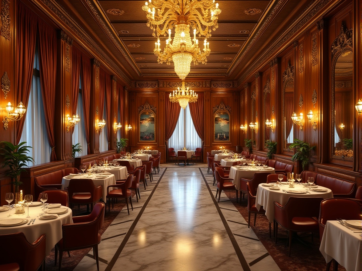 Prompt: Elegant restaurant, Art Deco style, luxurious atmosphere, golden metal accents, geometric patterns, ornate mirrors, marble floors, high ceilings, grand chandeliers, soft warm lighting, 1920s vibe, vintage posters, sophisticated waiters, formal dining area, velvet curtains, rich wood tones, lavish furnishings, opulent decorations, intricate moldings, metallic inlays, luxurious textures, detailed carvings, symmetrical composition, classic camera angle, shallow depth of field.