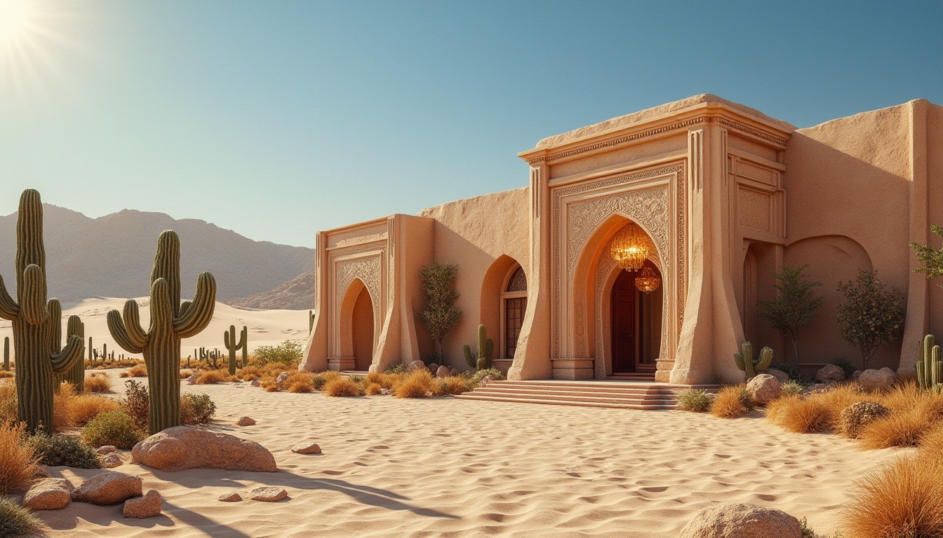 Prompt: Desert landscape, unique architecture, luxurious villa, sandy dunes, clear blue sky, hot sunlight, cactus plants, succulent plants, intricate stonework, arched windows, Islamic-inspired design, grand entrance, lavish interior, marble floors, ornate chandeliers, majestic columns, panoramic view, dramatic shadows, warm golden lighting, cinematic composition, 3/4 shot, low angle.