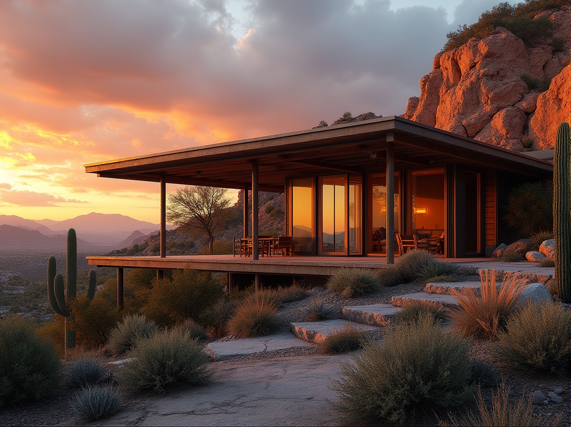 Prompt: Integrating pavilion designs, canyon landscapes, modern architecture, steel beams, glass roofs, wooden accents, natural blending, harmonious coexistence, Arizona desert, rocky cliffs, cacti forests, vibrant sunset, warm orange lighting, dramatic shadows, 3/4 composition, low-angle shot, cinematic mood, atmospheric perspective.