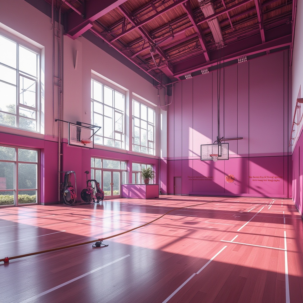 Prompt: Gymnasium interior, vibrant orchid color accents, modern architecture, sleek lines, high ceilings, large windows, natural light pouring in, polished wooden floors, orchid-colored walls, contrasted with white trim, dynamic lighting, athletic equipment, basketball hoops, parallel bars, exercise machines, motivational quotes on walls, futuristic ambiance, 3/4 composition, wide-angle shot, soft focus on background, sharp focus on foreground, morning sunlight, warm and inviting atmosphere.