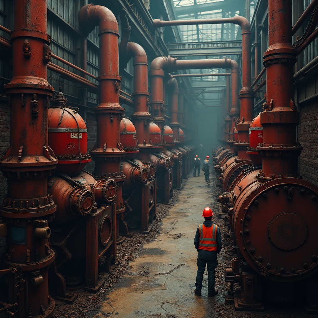 Prompt: Industrial factory, red accents, metallic structure, steel beams, brick walls, concrete floors, massive machinery, pipes, valves, control panels, warning signs, bright red safety helmets, reflective vests, worker uniforms, bold red stripes on equipment, rusty tones, dim lighting, dramatic shadows, high-angle shot, atmospheric fog, industrial smell, realistic textures, detailed rust.