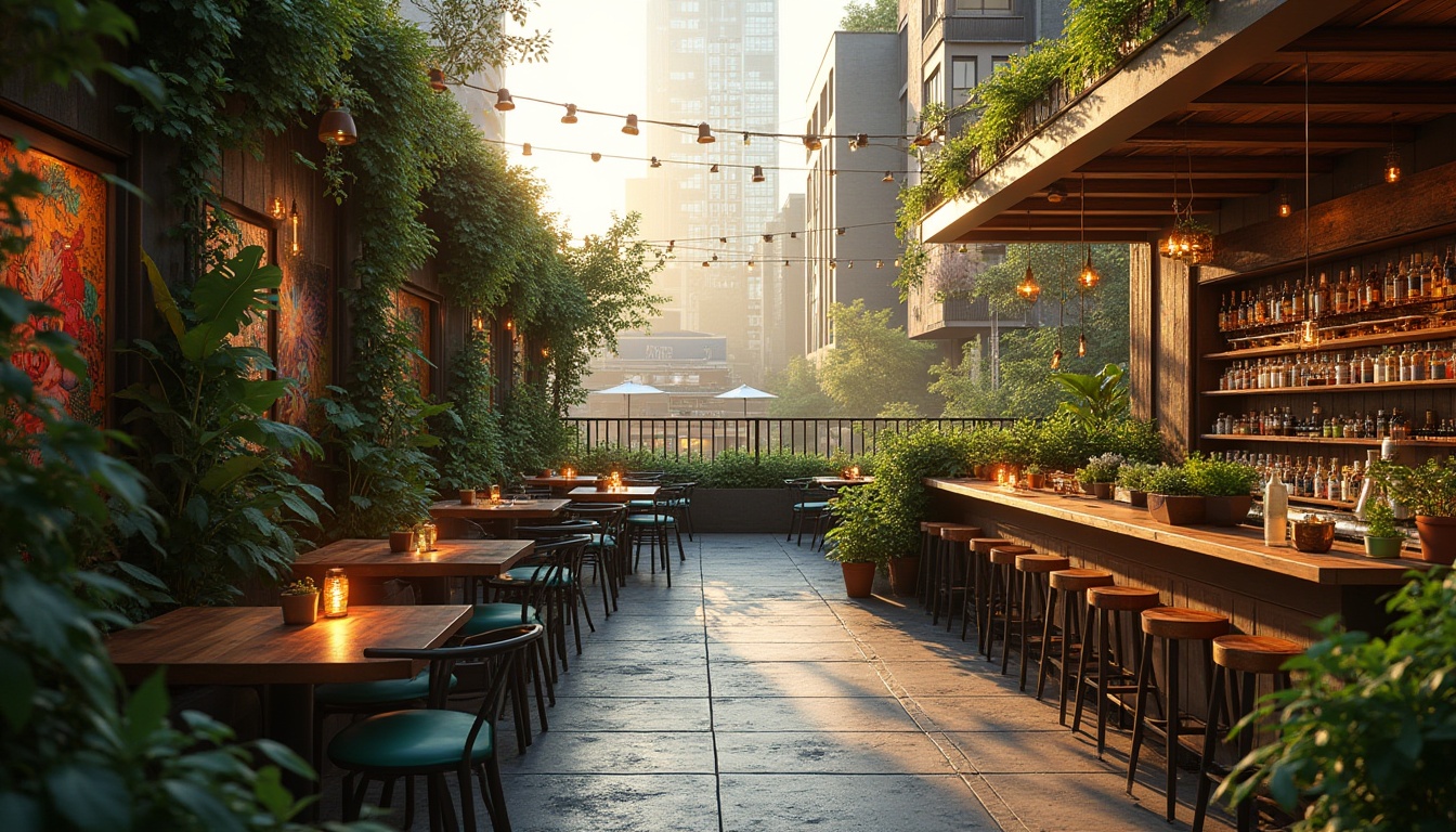 Prompt: Urban community space, rooftop garden, lush greenery, modern bar design, reclaimed wood accents, industrial chic lighting, vibrant street art murals, eclectic furniture, potted plants, living walls, natural stone flooring, urban skyscraper backdrop, warm golden hour lighting, 3/4 composition, atmospheric haze, soft focus blur.