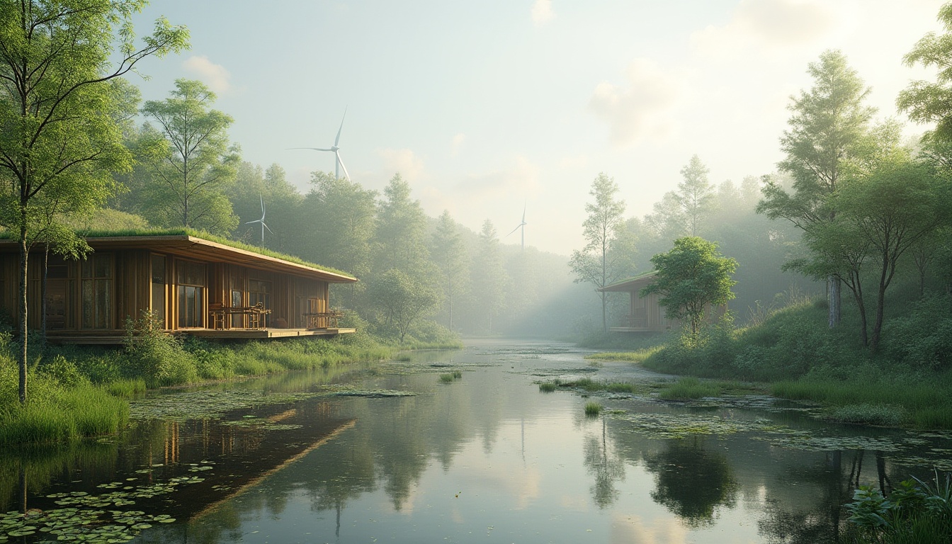 Prompt: Eco-friendly wetland architecture, modern sustainable design, green roofs, solar panels, wind turbines, reclaimed wood, living walls, rainwater harvesting system, natural ventilation, energy-efficient systems, water conservation, minimal waste generation, recyclable materials, bamboo structures, organic shapes, blending with nature, serene atmosphere, misty morning, soft diffused light, 3/4 composition, shallow depth of field.