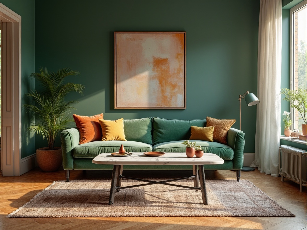 Prompt: Eclectic interior, harmonious blend, modern minimalism, Art Deco accents, luxurious velvet sofa, marble coffee table, industrial metal legs, bohemian rug, abstract artwork, greenery walls, natural light, airy atmosphere, 3/4 composition, warm softbox lighting, cinematic ambiance.