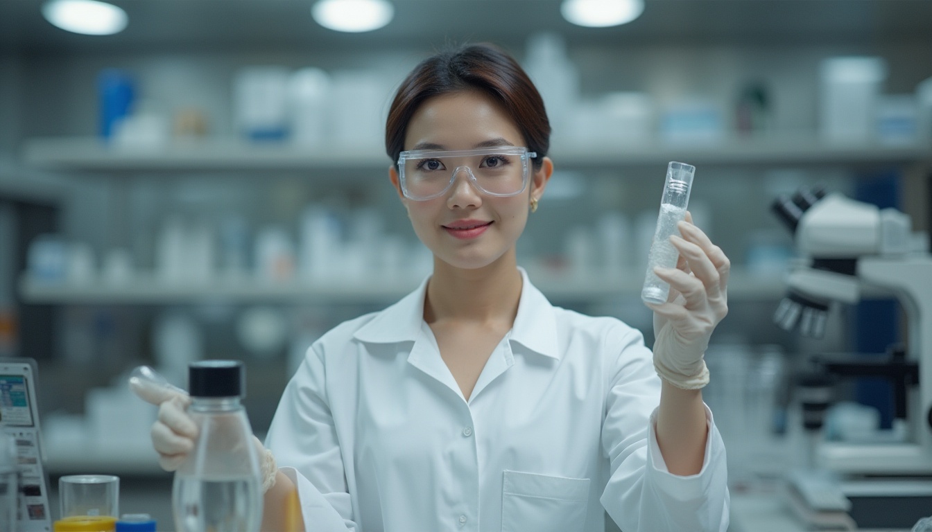 Prompt: Modern futuristic laboratory, polycarbonate material samples, transparent tubes, scientific equipment, microscopes, test tubes, white coat, goggles, gloves, female scientist, 30s, short hair, minimal makeup, elegant smile, hands holding sample, standing, slight bent knees, softbox lighting, shallow depth of field, industrial background, metallic texture, minimalist composition, warm ambient light.