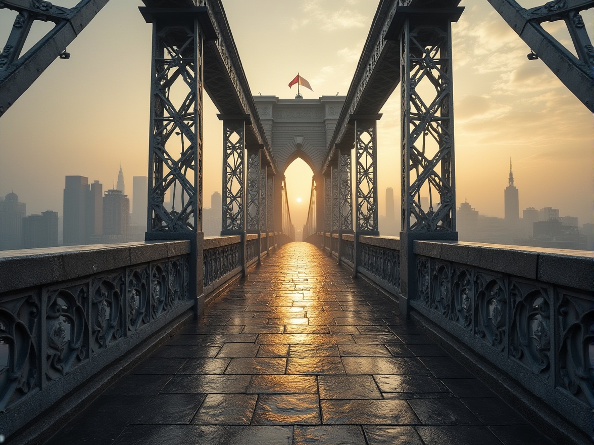 Prompt: Granite, bridge, majestic, sturdy, natural texture, rough surface, grey-brown color, arch-shaped, ancient, monumental, intricate carvings, ornate railings, steel beams, urban landscape, cityscape, metropolitan, misty morning, golden light, dramatic shadows, cinematic composition, low-angle shot, symmetrical framing.