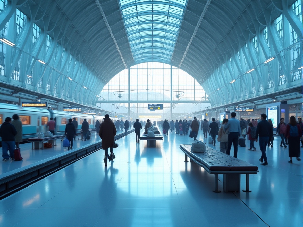 Prompt: Light blue, futuristic, sleek train station, high ceiling, large glass windows, modern architecture, steel beams, polished marble floor, comfortable benches, minimalist advertisements, soft ambient lighting, gentle shadows, morning scene, rush hour, busy passengers, diverse age groups, various luggage, dynamic composition, wide-angle lens, shallow depth of field.