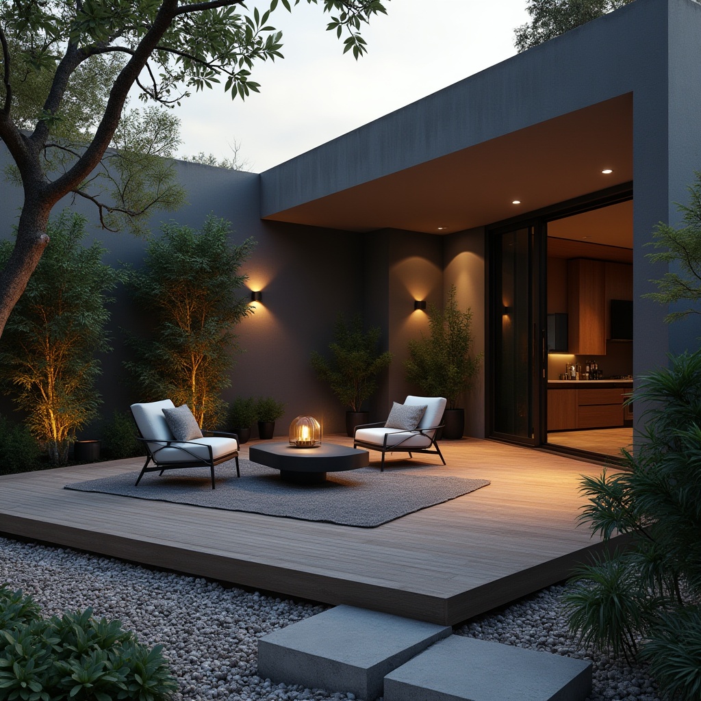 Prompt: Modern minimalist backyard, sleek lines, geometric shapes, monochromatic color scheme, contemporary outdoor furniture, low-maintenance plants, decorative gravel, statement light fixtures, angular wooden deck, floor-to-ceiling sliding glass doors, seamless indoor-outdoor transition, urban oasis atmosphere, warm evening ambiance, softbox lighting, 3/4 composition, shallow depth of field.