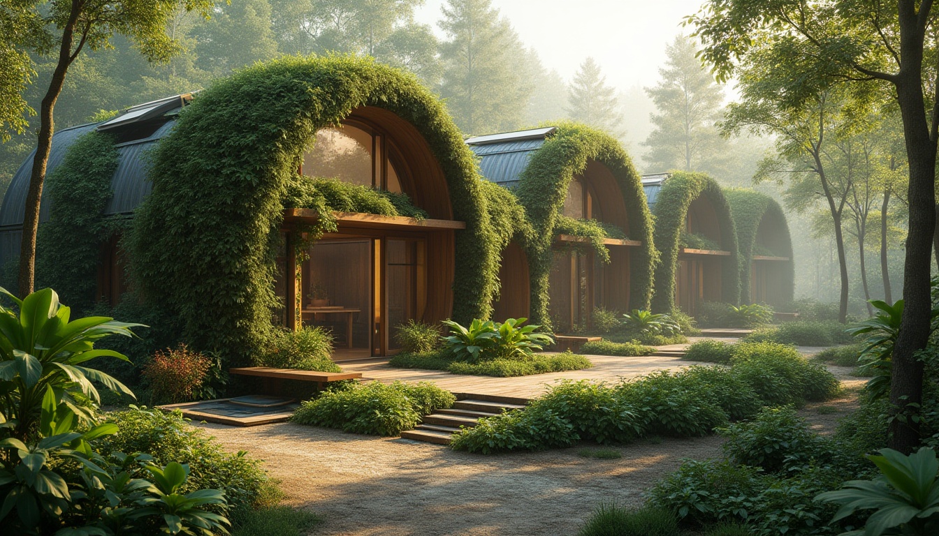 Prompt: Green building, organic architecture, sustainable practices, eco-friendly materials, curved lines, natural textures, earthy tones, lush greenery, vines crawling up walls, large windows, natural lighting, wooden accents, bamboo roofs, solar panels, rainwater harvesting system, recycling bins, composting area, serene atmosphere, peaceful ambiance, surrounded by trees, forest setting, misty morning, soft golden light, 3/4 composition, cinematic depth of field.