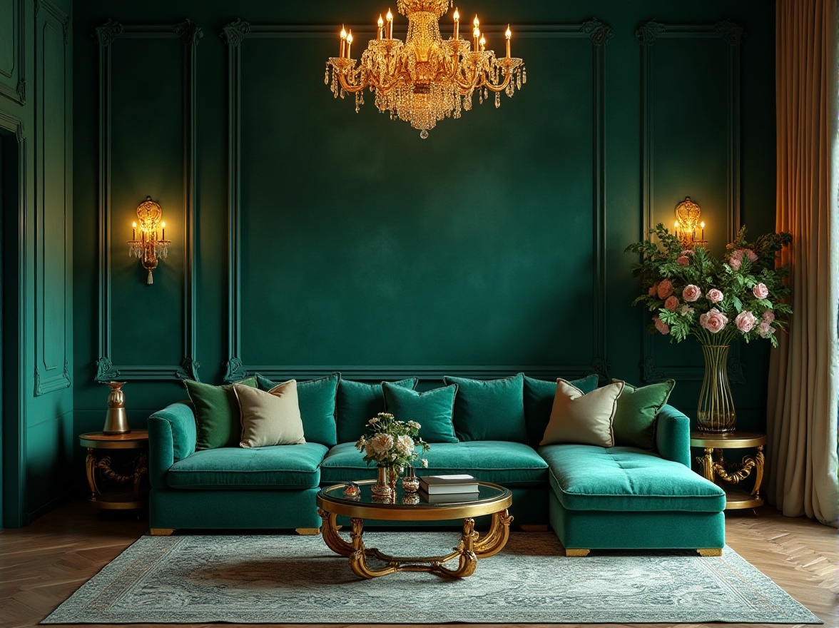 Prompt: Richly textured malachite green walls, luxurious velvet sofa, golden ornate coffee table, intricate patterned rug, lavish crystal chandelier, elegant drapery with subtle sheen, sophisticated modern interior design, spacious living room, warm ambient lighting, soft focus blur, cinematic composition, 3/4 view, shallow depth of field, artistic still life, highly detailed textures, realistic reflections.