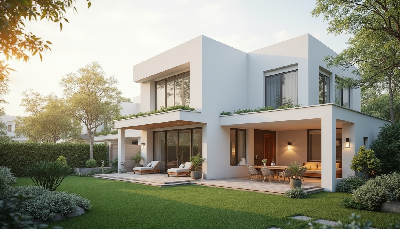 Prompt: Suburban residential area, minimalist design, modern villa, white exterior walls, large windows, sliding glass doors, flat roof, greenery, simple landscaping, few potted plants, wooden decking, outdoor seating, calm atmosphere, soft natural light, morning sun, 3/4 composition, shallow depth of field, warm color palette, clean lines, minimal ornaments, peaceful ambiance.