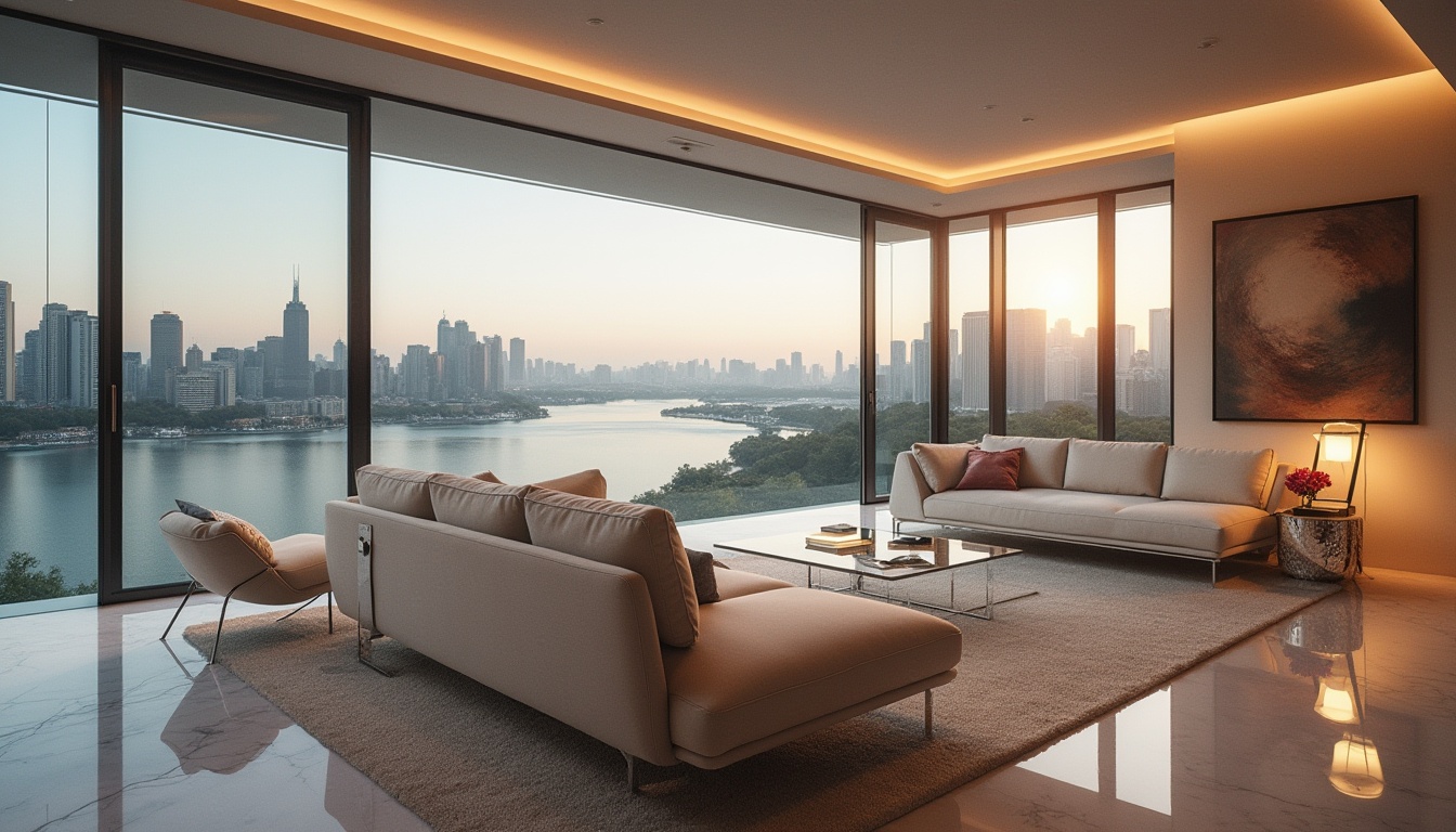 Prompt: Lakefront penthouse, streamline moderne style, luxurious interior, floor-to-ceiling windows, panoramic view of lake, modern minimalist decor, sleek lines, marble flooring, cream-colored walls, lavish furnishings, plush sofa, glass coffee table, modern art pieces, floor lamp, cityscape at dusk, soft warm lighting, 3/4 composition, shallow depth of field, cinematic mood, luxurious atmosphere, calm and peaceful ambiance.