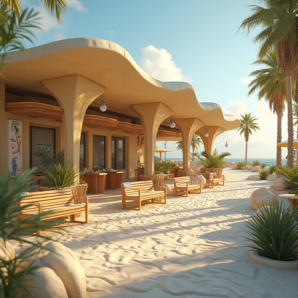 Prompt: Beach-themed tram station, modern architecture, ocean-inspired structure, wave-shaped roof, sandy beige walls, seashell-patterned floor tiles, driftwood benches, nautical rope handrails, tropical plants, palm trees, hanging beach balls, surfboard-inspired signage, sunny daytime, warm lighting, soft focus, shallow depth of field, 3/4 composition, vibrant colors, abstract background.