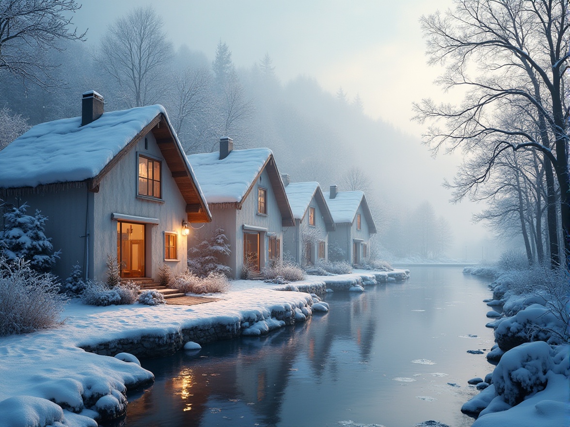 Prompt: Winter riverbank housing design, snow-covered roofs, white walls with wooden accents, icicle hanging from eaves, frozen river, misty atmosphere, frosty trees, bare branches, snowflakes gently falling, warm lighting from windows, smoke rising from chimneys, cozy interior, warm color palette, soft focus, serene composition, cold winter morning, peaceful ambiance, misty fog rolling in, subtle shadows, detailed textures.