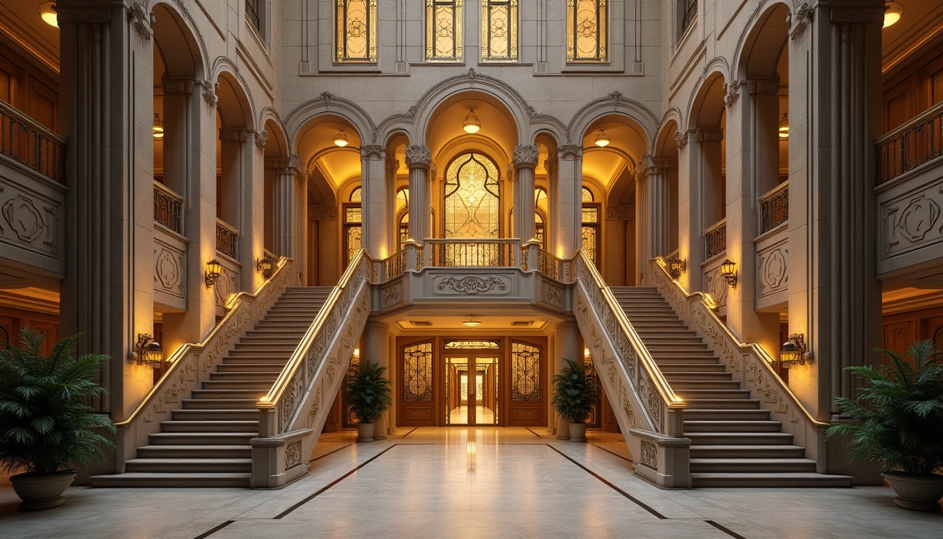 Prompt: Hospital exterior, Art Deco style, grand entrance, limestone walls, ornate carvings, geometric patterns, golden accents, symmetrical composition, warm lighting, imposing columns, staircases with intricate railings, luxurious atmosphere, 3/4 view, high contrast, cinematic mood, detailed textures, subtle gradients.