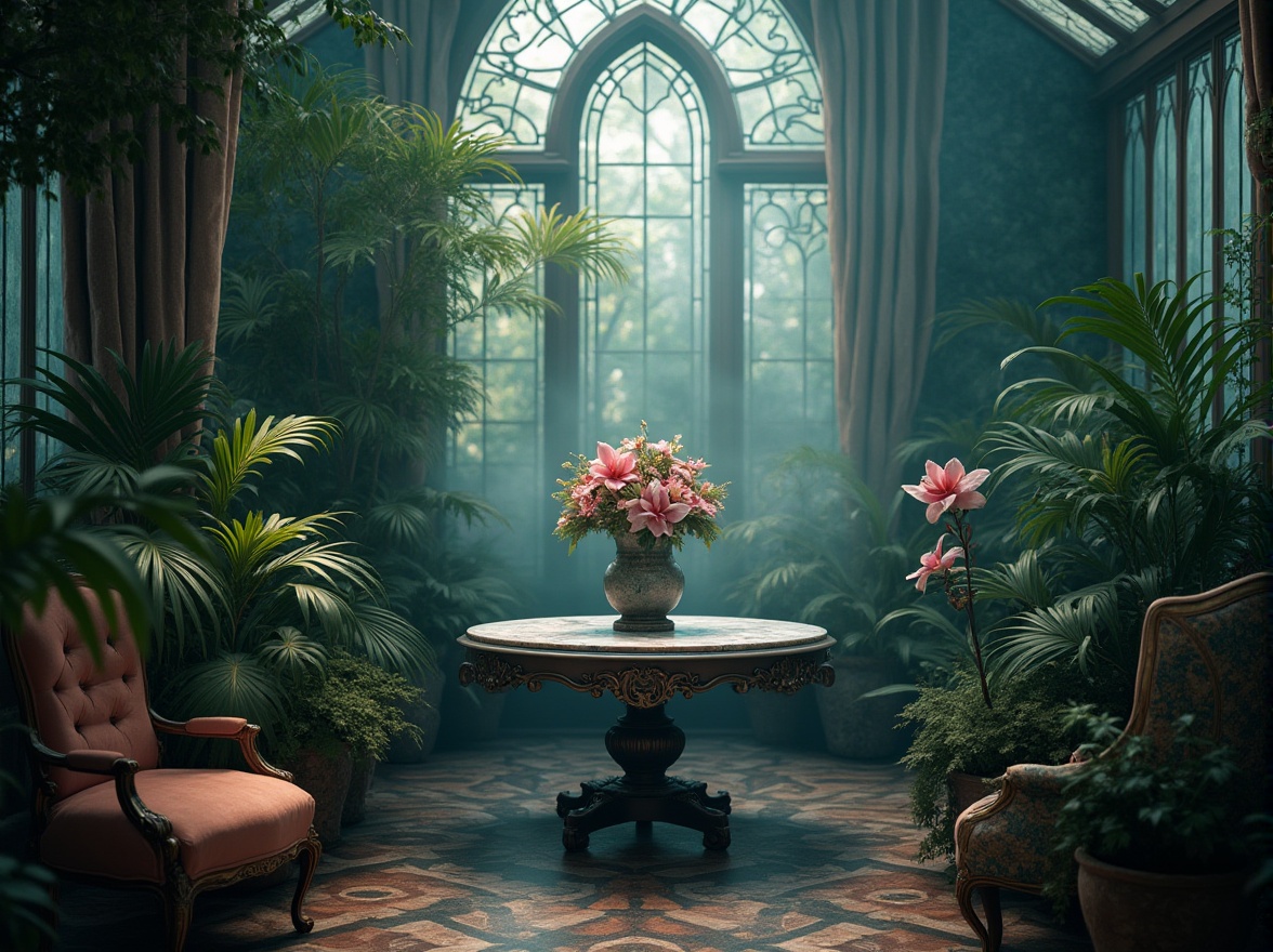 Prompt: Heliotrope color, greenhouse interior, luxurious decor, velvet drapes, exotic plants, tropical flowers, warm ambient lighting, elegant vase, marble tabletop, ornate metal frame, Victorian style furniture, mysterious atmosphere, misty background, subtle steam effect, soft focus, cinematic composition, 3/4 view.