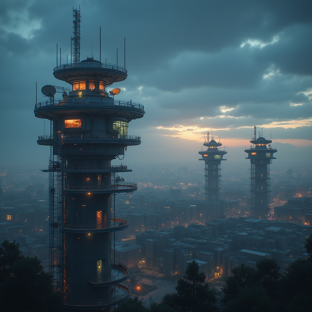 Prompt: Watching towers, futuristic architecture, sleek design, metallic materials, neon lights, glowing buttons, control room, monitoring screens, radar systems, satellite dishes, communication arrays, observation decks, panoramic views, cityscape background, dusk time, misty atmosphere, atmospheric lighting, 3/4 composition, cinematic mood.