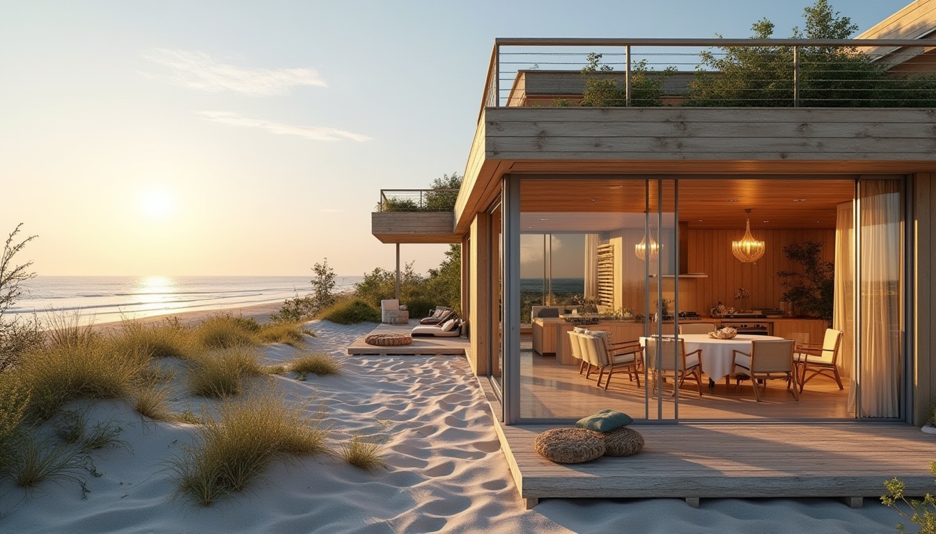 Prompt: Beach home, modern villa, coastal residence, large windows, sliding glass doors, wooden decking, outdoor seating area, ocean views, sandy dunes, sea oats, beach grass, driftwood, nautical rope railings, recycled plastic outdoor furniture, solar panels, wind turbines, green roof, living walls, reclaimed wood accents, natural textiles, eco-friendly paint, energy-efficient appliances, minimalist interior, airy atmosphere, abundant natural light, serene ambiance, warm sunset lighting.