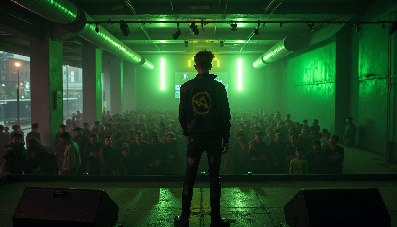 Prompt: Industrial brutalist music venue, dimly lit, lime green accent walls, concrete floors, steel beams, minimalist decor, spotlights on stage, avant-garde crowd, ripped jeans, black band tees, leather jackets, bold hairstyle, intense facial expression, dramatic lighting, high-angle shot, urban cityscape background, rainy night, misty atmosphere, cinematic composition, high-contrast HDR.